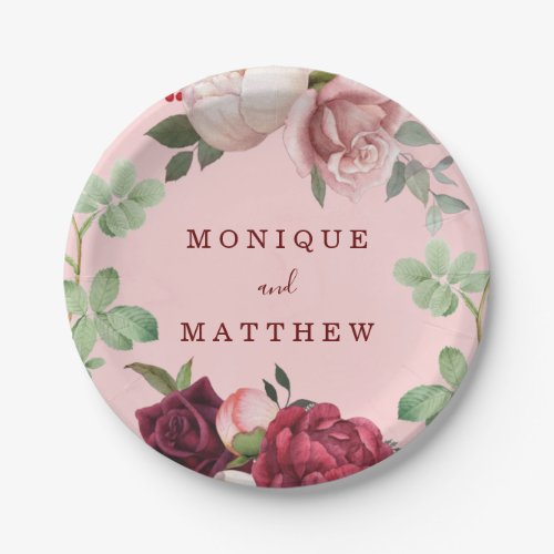 Burgundy and Blush Pink Floral Bouquet Wedding Paper Plates