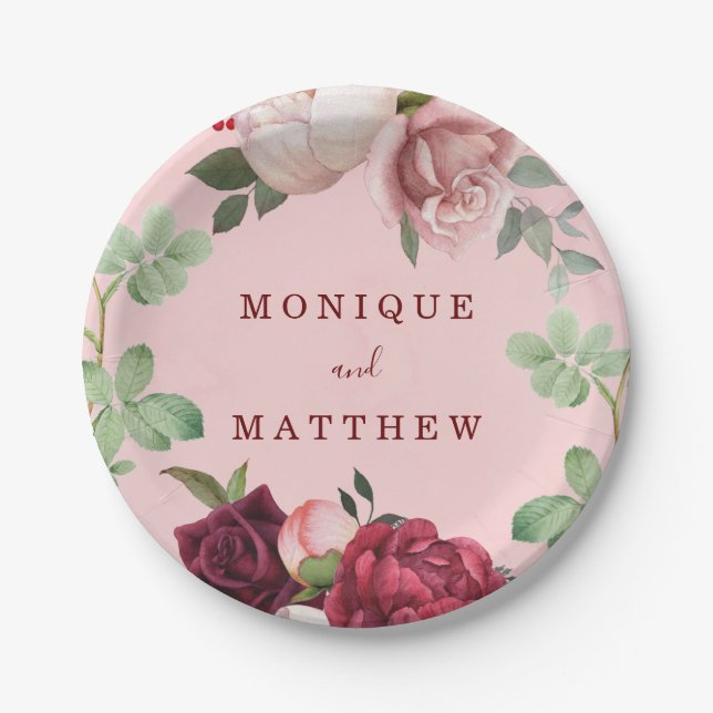 Burgundy and Blush Pink Floral Bouquet Wedding Paper Plates (Front)