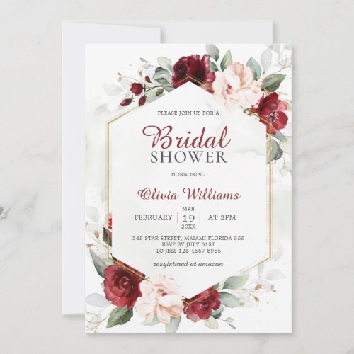 Burgundy and Blush Pink Floral Bridal Shower Invitation
