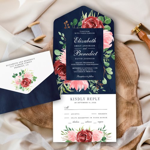 Burgundy and Blush Pink Floral Navy Blue Wedding All In One Invitation