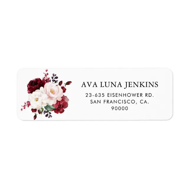 Burgundy and Blush Pink Floral Return Address Label | Zazzle