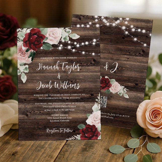 Burgundy and Blush Pink Floral Rustic Wedding Invitation (Creator Uploaded)