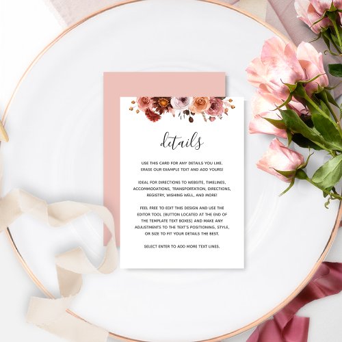 Burgundy and Blush Pink  Floral Wedding Details Enclosure Card