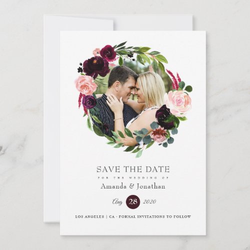 Burgundy and Blush Pink Floral Wedding Photo Save The Date