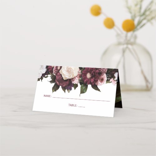 Burgundy and Blush Pink Floral Wedding Place Card