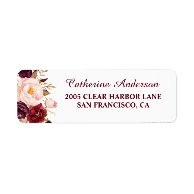 Burgundy and Blush Pink Floral Wedding Return Label (Front)