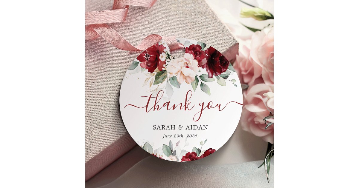 Burgundy and Blush Pink Floral Wedding Thank you Favor Tags | Zazzle