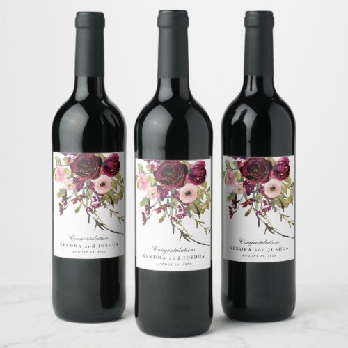 Burgundy and Blush Pink Floral Wedding Wine Label