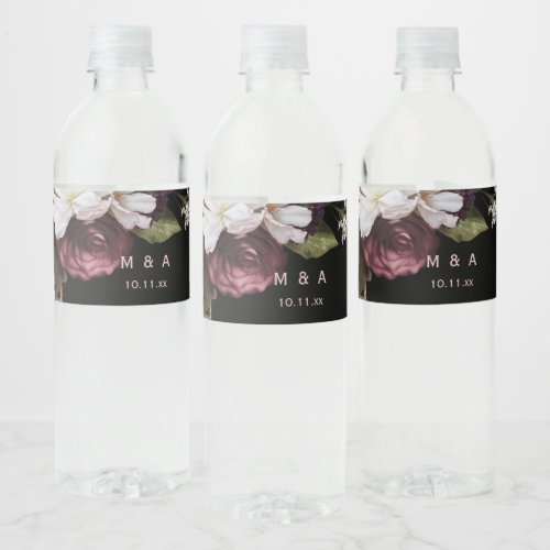 Burgundy and Blush Pink Florals on Black Wedding Water Bottle Label