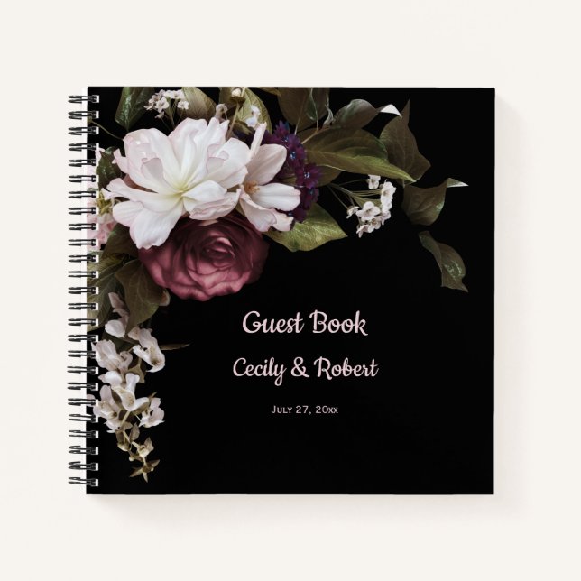 Burgundy and Blush Pink Florals Wedding Guest Notebook (Front)