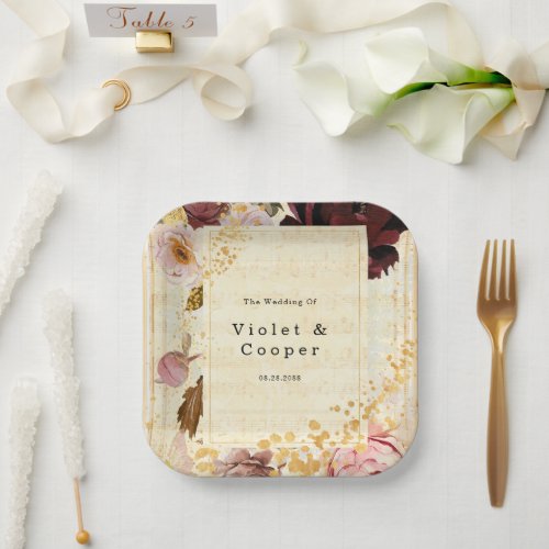 Burgundy and Blush Pink Musical Florals Wedding Paper Plates