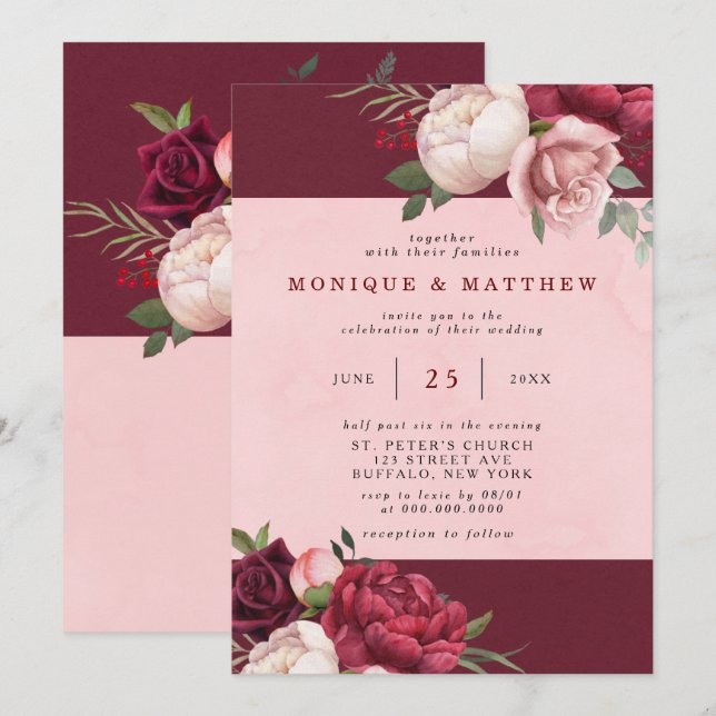 Burgundy and Blush Pink Peony Bouquet Wedding Invitation (Front/Back)