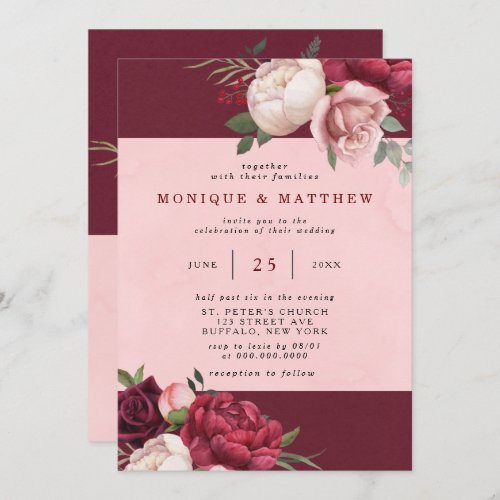 Burgundy and Blush Pink Peony Bouquet Wedding Invitation