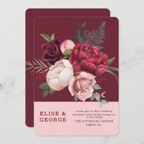 Burgundy and Blush Pink Peony Bouquet Wedding Invitation