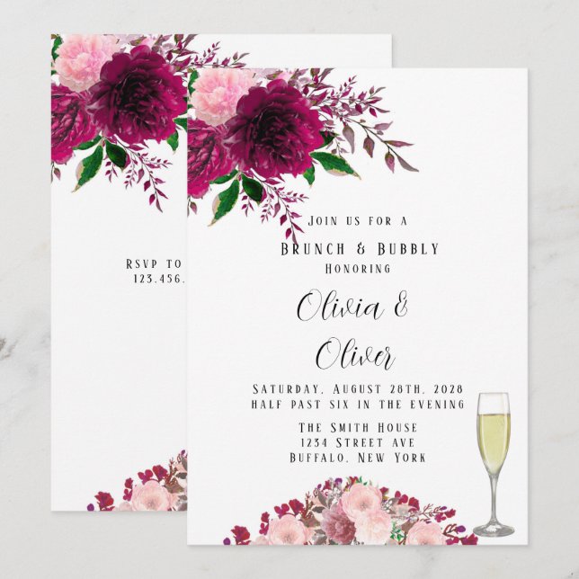 Burgundy and Blush Pink Peony Brunch and Bubbly Invitation (Front/Back)
