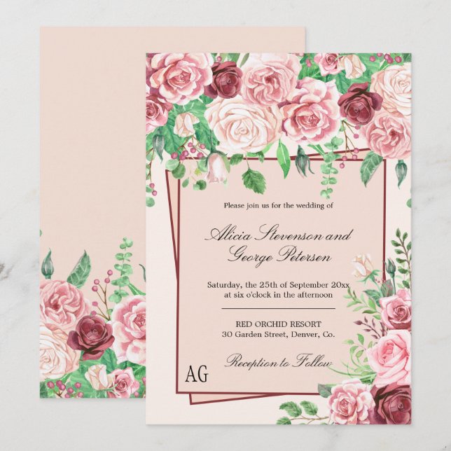 Burgundy and Blush Pink Roses Monogram Wedding Invitation (Front/Back)