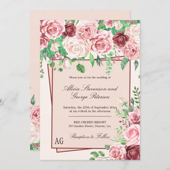 Burgundy and Blush Pink Roses Monogram Wedding Invitation | Zazzle