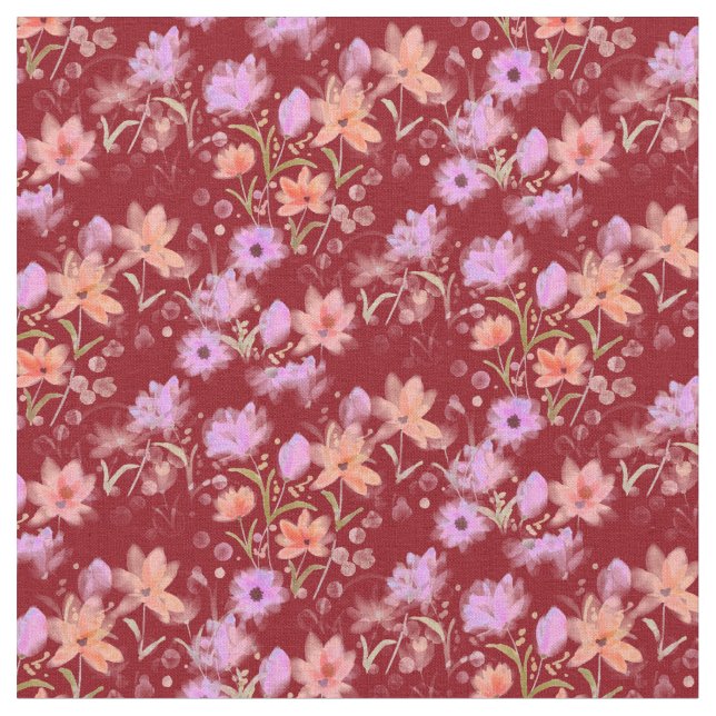 Burgundy and Blush Pink Vintage Floral Pattern Fabric (Close Up)