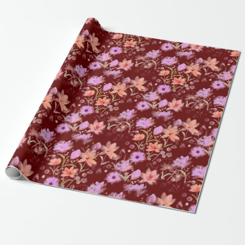 Burgundy and Blush Pink Vintage Floral Pattern Wrapping Paper