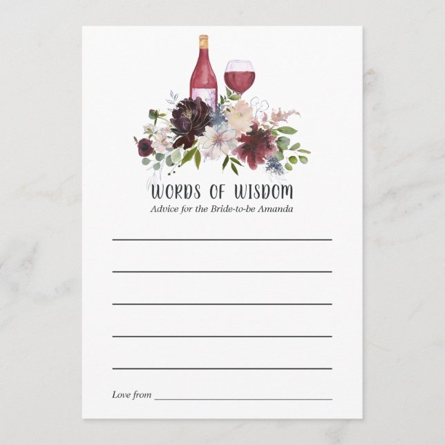 Burgundy and Blush Pink Wine Tasting Bridal Shower Advice Card (Front)