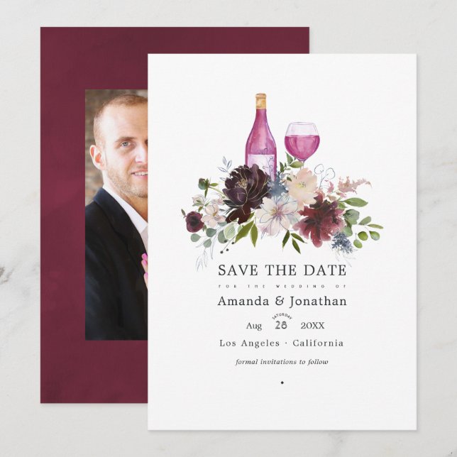 Burgundy and Blush Pink Wine Tasting Wedding Save The Date (Front/Back)