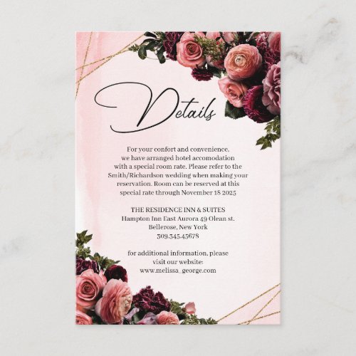 Burgundy and blush roses flowers faux gold frame enclosure card
