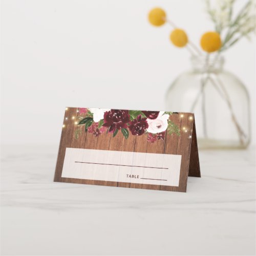 Burgundy and Blush Rustic Floral Lights Wedding Place Card