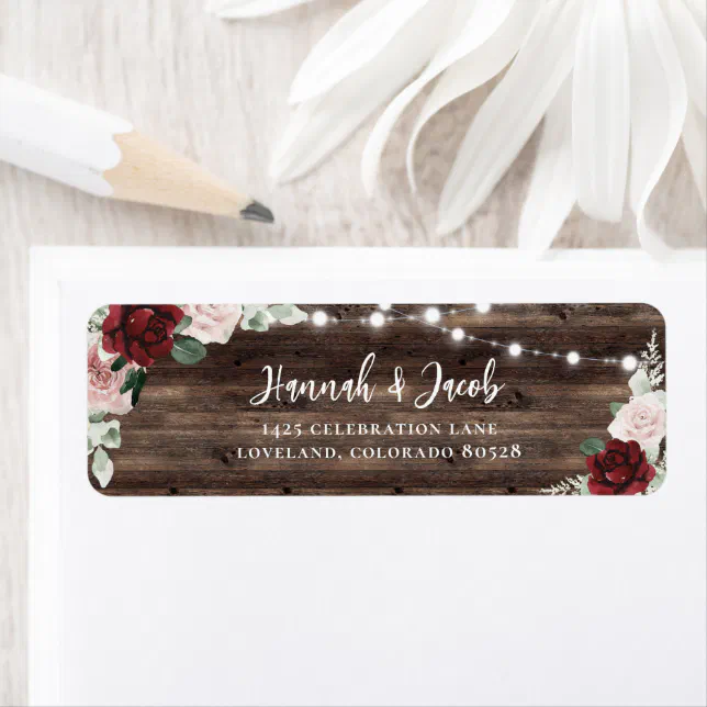 Burgundy and Blush Rustic Wedding Return Address Label | Zazzle