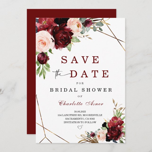Burgundy and Blush Save the Date for Bridal Shower Invitation (Front/Back)