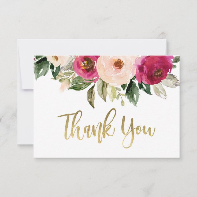 Burgundy and blush thank you card, floral note card (Front)