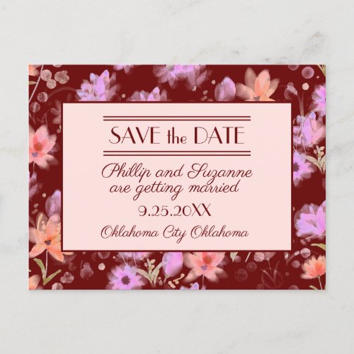 Burgundy and Blush Vintage Floral Save the Date Announcement Postcard