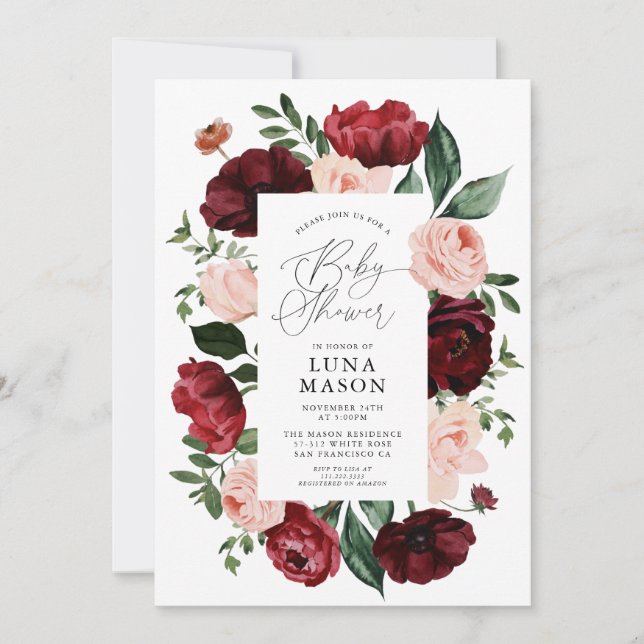Burgundy and Blush Watercolor Floral Baby Shower Invitation (Front)