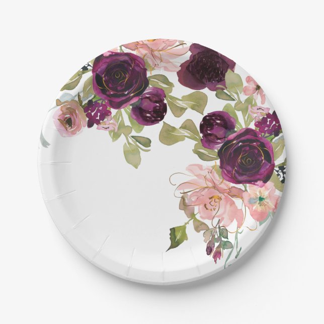 Burgundy and Blush Watercolor Floral Bouquet Paper Plates (Front)