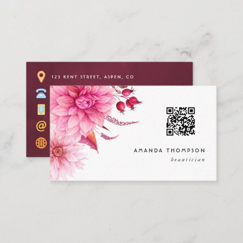 Burgundy and Blush Watercolor Floral QR Code Business Card
