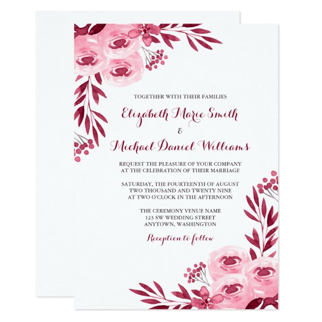 Burgundy And Blush Watercolor Floral Wedding Invitation