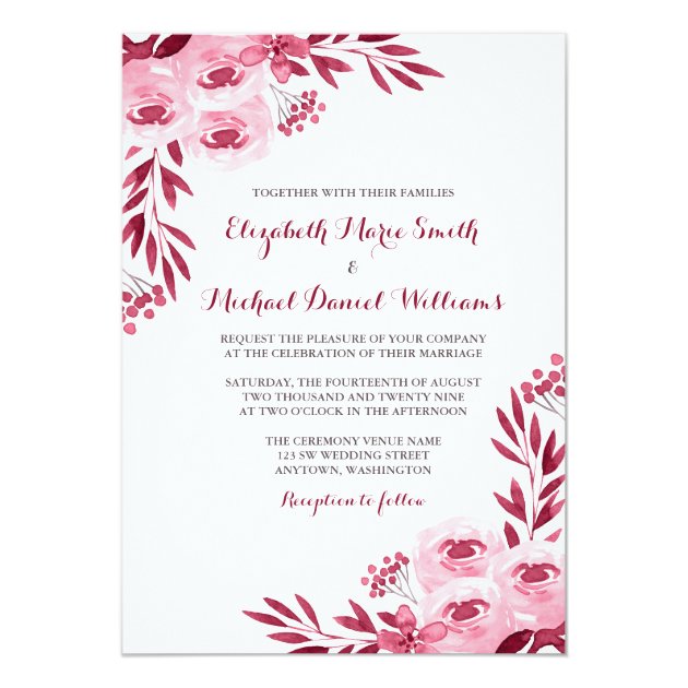 Burgundy And Blush Watercolor Floral Wedding Invitation