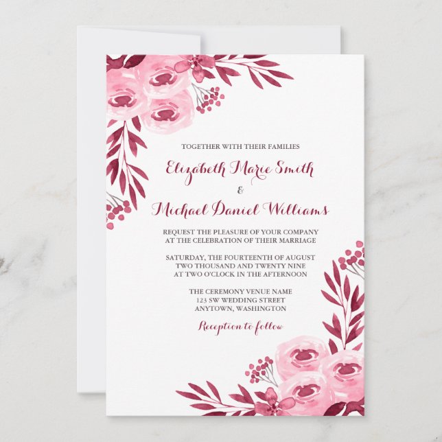 Burgundy and Blush Watercolor Floral Wedding Invitation (Front)