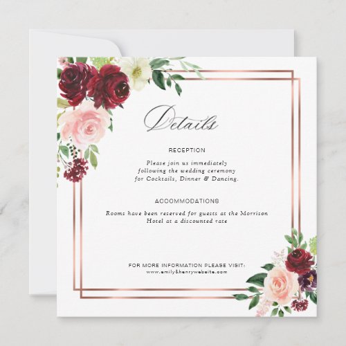 burgundy and blush wedding details card