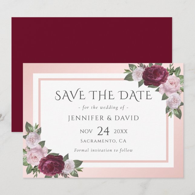 Burgundy and Blush Wedding Save The Date (Front/Back)