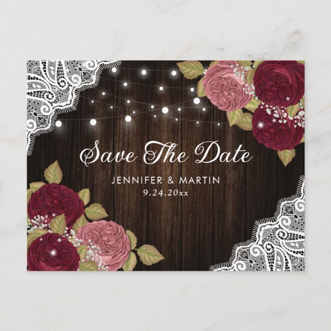 Burgundy and Blush Wedding Save The Date Postcards (Front)