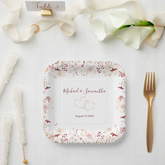 Burgundy and Blush Wildflower Wedding Paper Plates (Wedding)