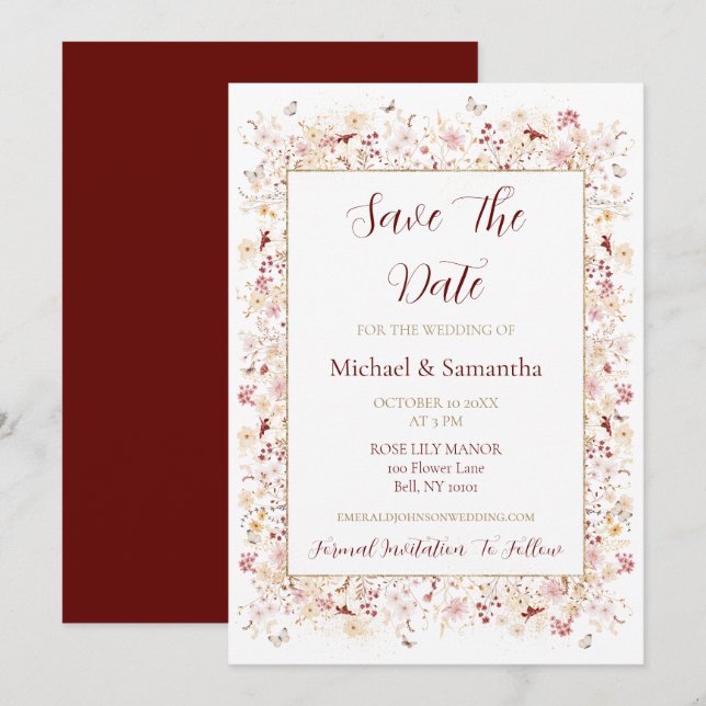 Burgundy and Blush Wildflower Wedding Save The Date (Front/Back)