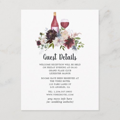 Burgundy and Blush Wine Theme Floral Guest Details Enclosure Card