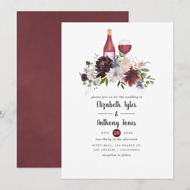 Burgundy and Blush Wine Themed Floral Wedding Invitation (Front/Back)