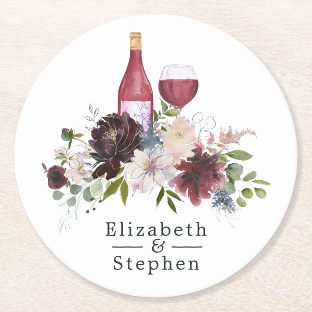 Burgundy and Blush Wine themed Wedding Round Paper Coaster (Front)