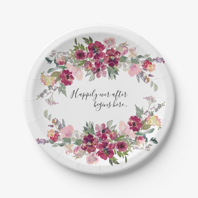 Burgundy and blush with quote Wedding Paper Plates (Front)