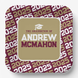 Burgundy and Bronze Gold Personalized Graduation Paper Plates