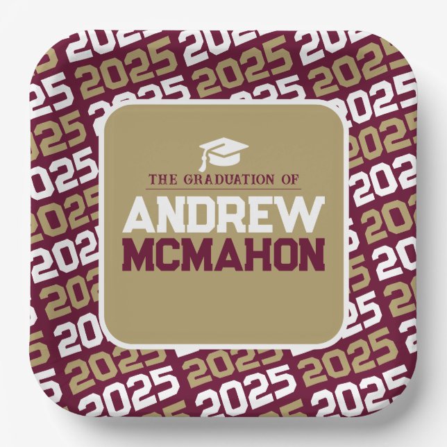 Burgundy and Bronze Gold Personalized Graduation Paper Plates (Front)
