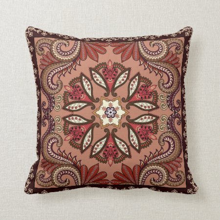 Burgundy And Brown Paisley Pattern Throw Pillow