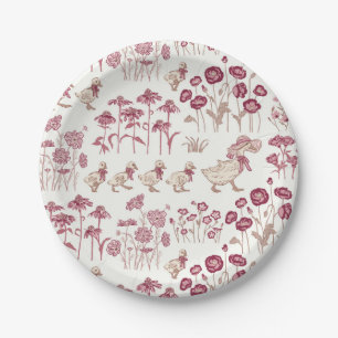 Burgundy and Brown Vintage Wildflowers and Ducks Paper Plates